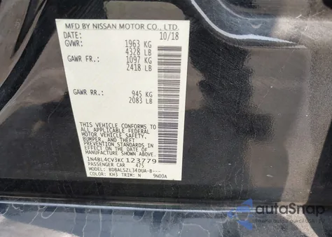 2019 Nissan Altima 2.5 Sr z USA, uszkodzony, nr VIN 1N4BL4CV3KC123779